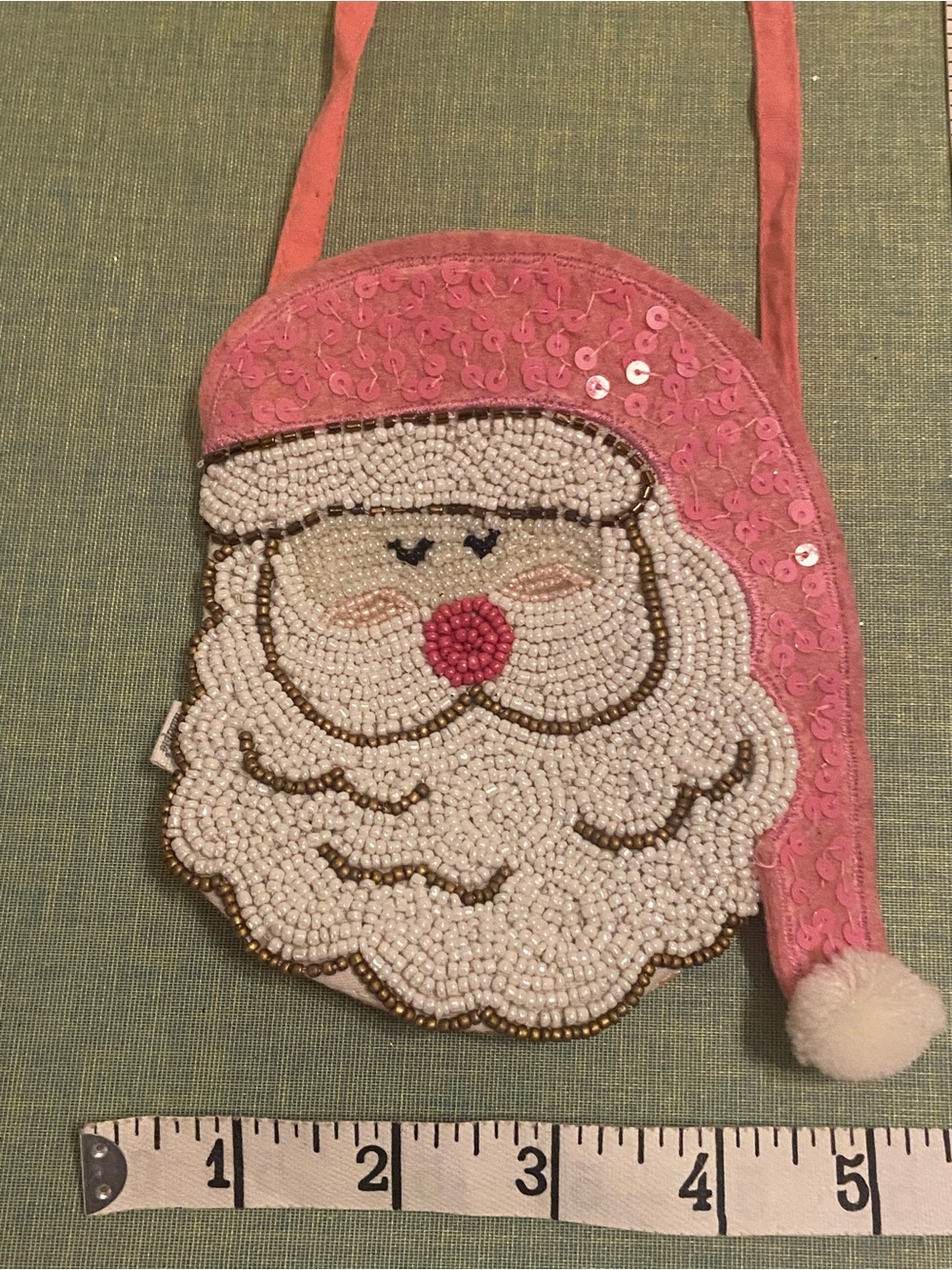 Whimsical Holiday Pink Beaded Santa Crossbody Bag.